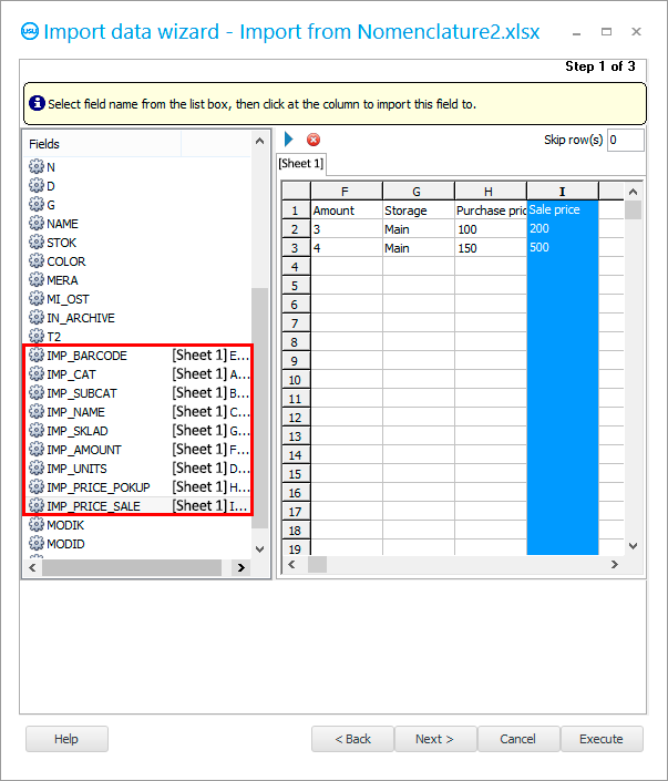 Conexão de todos os campos do programa USU com colunas da tabela Excel