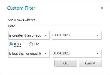 Duas condições na janela de configurações do filtro