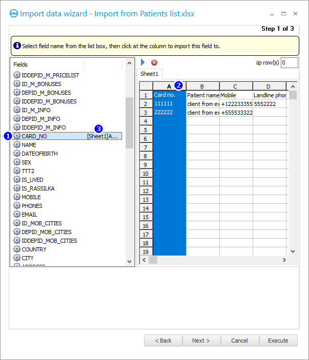 Importálás párbeszédpanel. 1. lépés: A program egyik mezőjének összekapcsolása egy Excel-táblázat oszlopával
