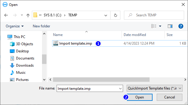 Sélection d'un fichier avec les paramètres d'importation