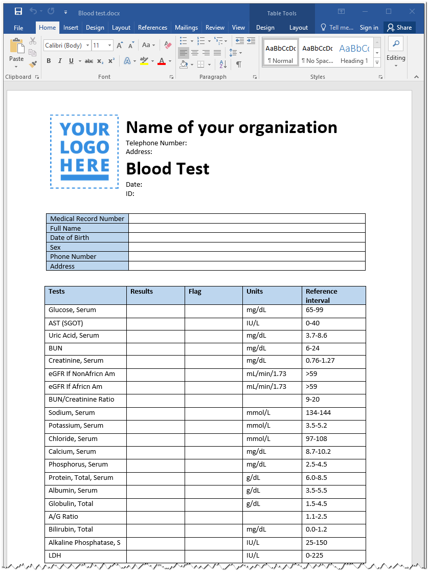 फॉर्म 028 / वाई - जैव रासायनिक रक्त परीक्षण