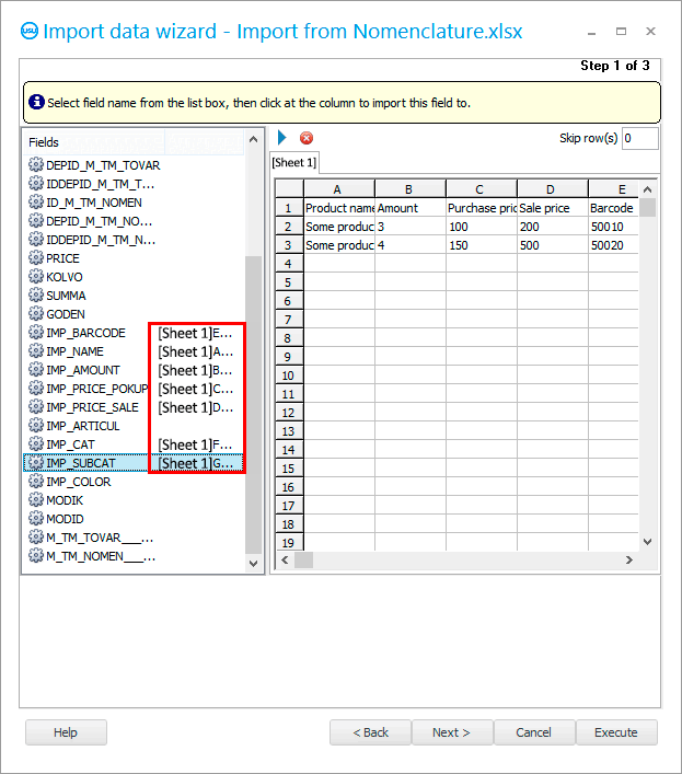 Relația câmpurilor cu coloanele unui tabel Excel