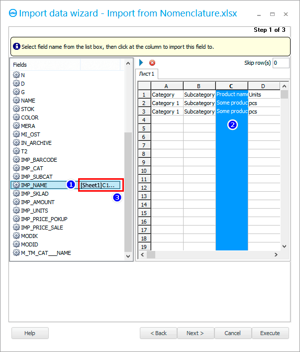 Lidhja e një fushe të programit me një kolonë nga një tabelë Excel