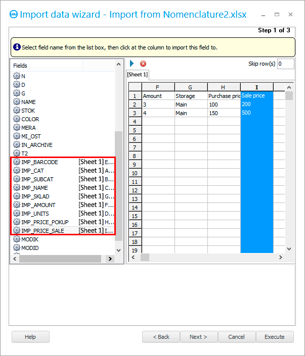 USU programmasynyň ähli meýdanlaryny Excel tablisasyndaky sütünler bilen birikdirmek