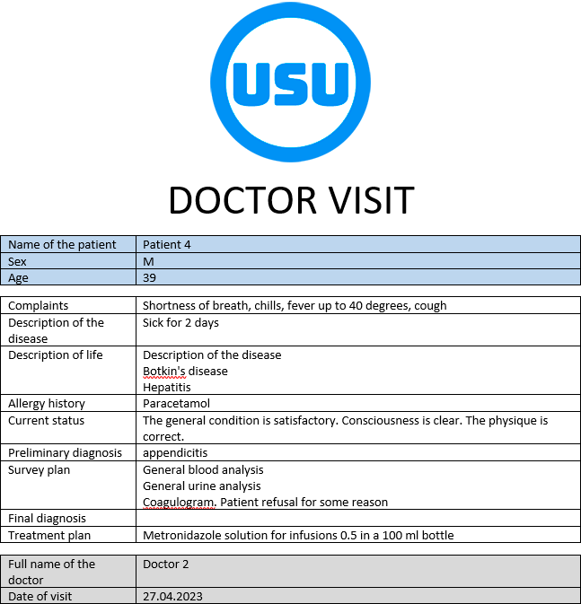 Hotový dokument s výsledky návštěvy lékaře